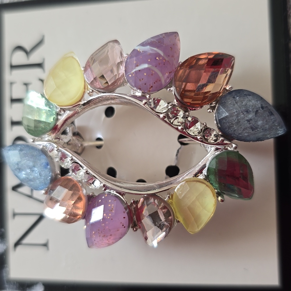 NAPIER BRAND FASHION JEWELRY PIN BEAUTIFUL COLORFUL STONES WITH "DIAMONDS"